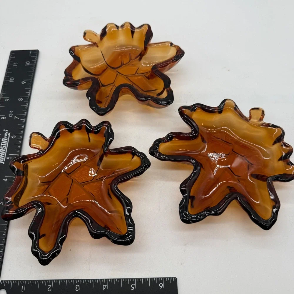 Vintage Amber Glass Maple Leaf Trinket Dish Set of 3 Autumn Fall Decor‎ Brown